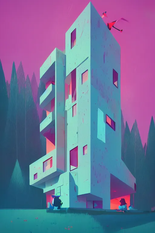 Image similar to an illustration of a post - modern building in the woods, trending on artstation, central composition, very cartoon, shape focus, high detailed, by anton fadeev