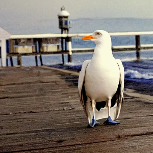 Image similar to a photo still of steven seagal as a seagull at the pier next to the ocean, anthropomorphized