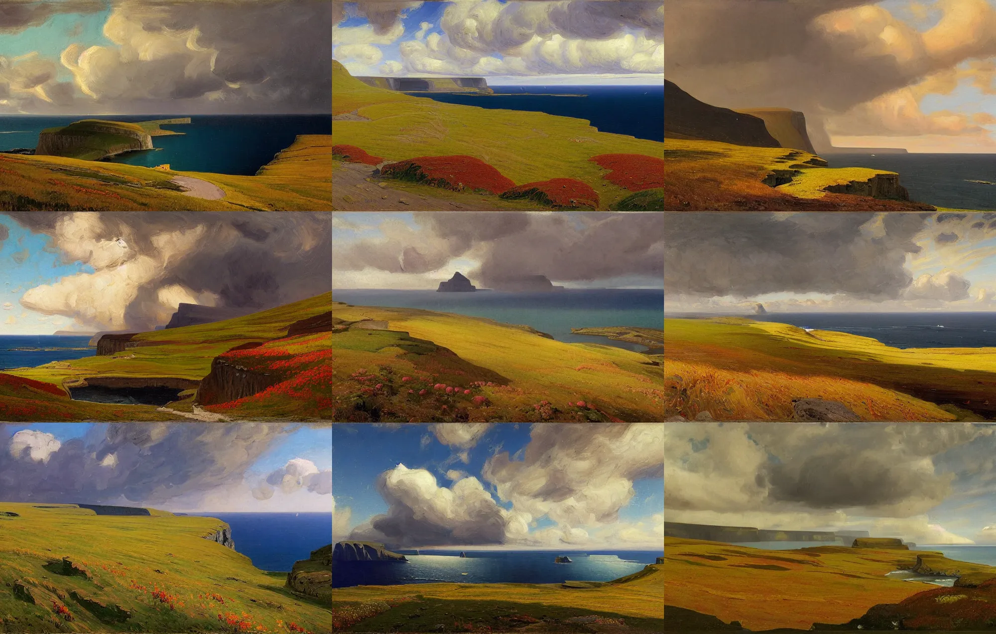 Prompt: painting of landscape of faroe island, cliffs and sea by frederick judd waugh, road between hills, surreal sky, environmental conept art, thunder clouds, sunset, forest, autumn, blossom wheat fields, river, pastoral, from a bird's eye view, unsaturated and dark atmosphere artwork by isaac levitan and alfred joseph casson and georgy nissky and nikolay dubovskoy and colley whisson