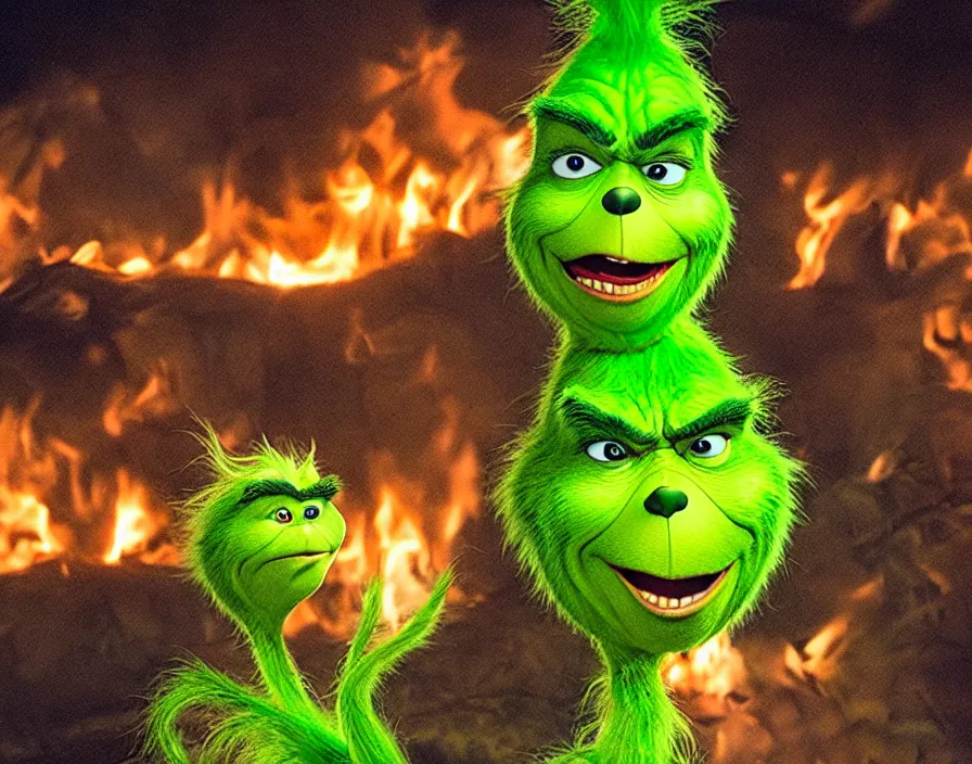 Prompt: the grinch smiling while looking at a 100 ft Christmas tree burning