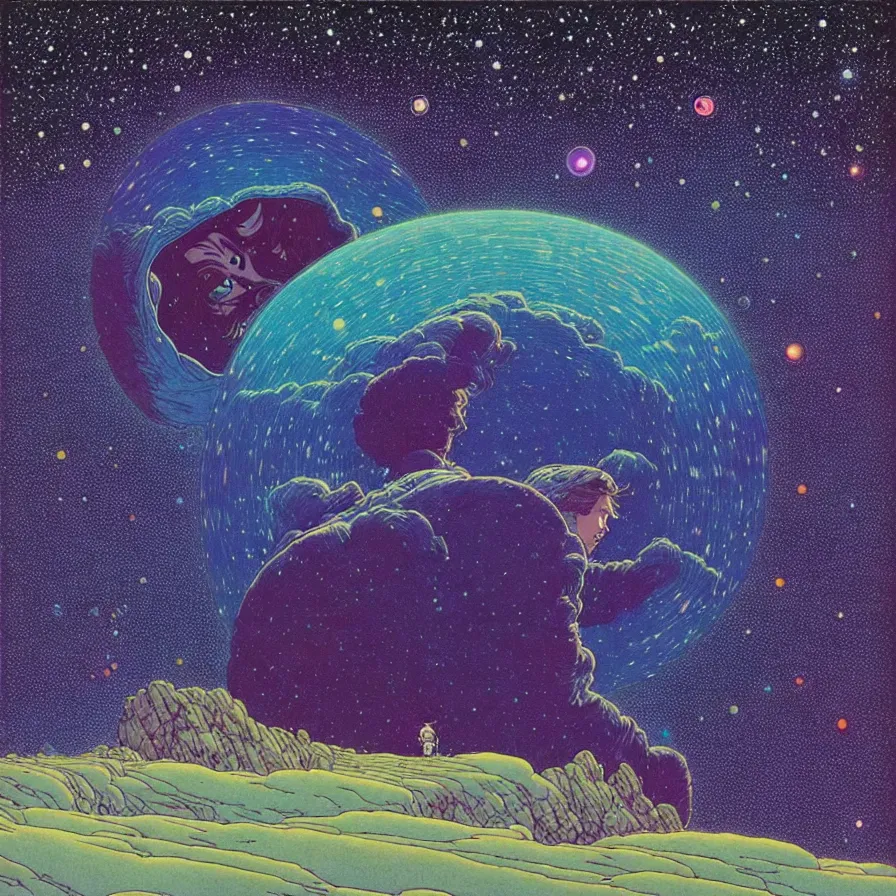 Image similar to ( ( ( ( beautiful starry sky and cloud and forest ) ) ) ) ) by mœbius!!!!!!!!!!!!!!!!!!!!!!!!!!!, overdetailed art, colorful, record jacket