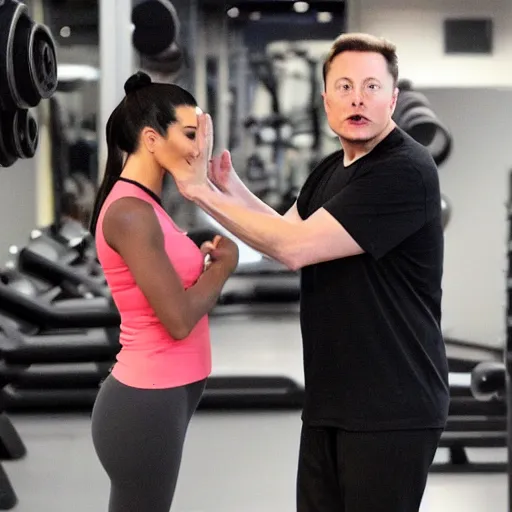 Image similar to elon musk and kim kardashian stretching at a gym