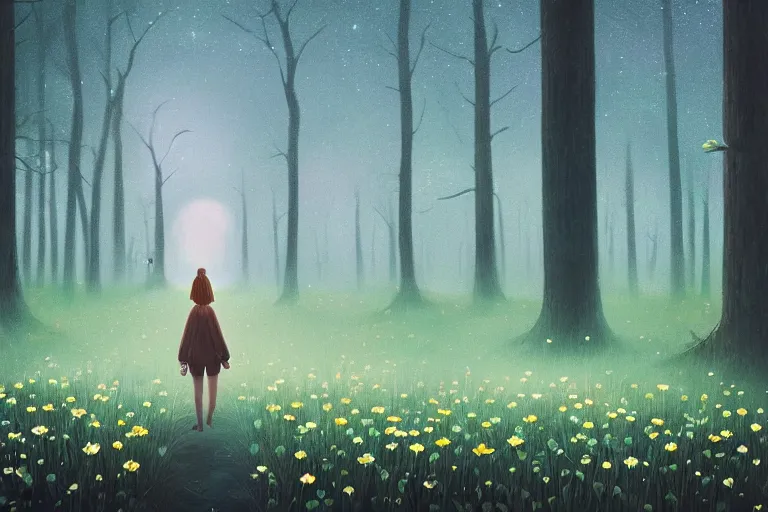 Image similar to giant bunch of daisy flowers head, girl walking in dark forest, surreal photography, dark night, stars, moon light, impressionist painting, clouds, digital painting, artstation, simon stalenhag