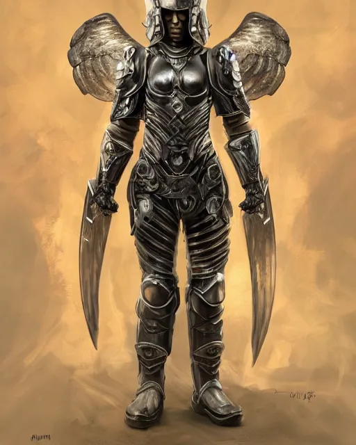 Image similar to completely frontal and centre Portrait of an empty armour of an angel warrior, focus on the pants and boots with graved runes, close-up on legs, highly detailed, digital painting, artstation, concept art, smooth, sharp focus, illustration, art by Hajime Sorayama