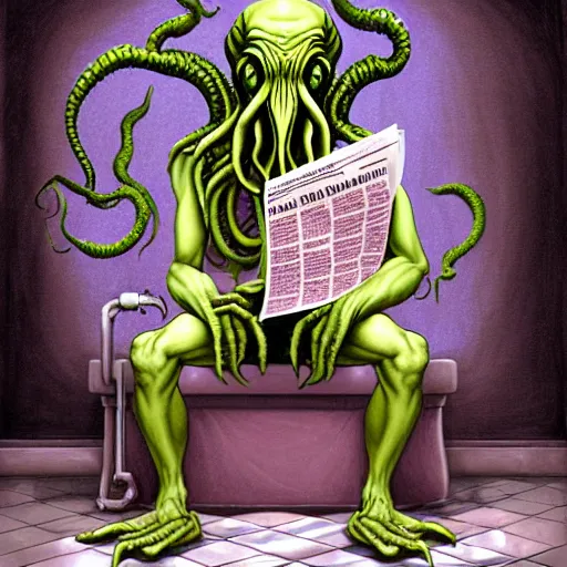 Image similar to humanoid cthulhu vis sitting on a toilet, he is reading a newspaper. the location is a pink and girlish bathroom. The mood is friendly and welcoming. dungeons and dragons style, highly detailed, digital painting, artstation, concept art, sharp focus, illustration, art by Sandro Botticelli and Michelangelo and leonardo da vinci