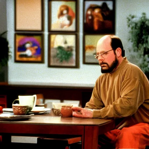 Prompt: Photo still of Jesus Christ in 1990s clothing talking with George Costanza in Jerry Seinfeld's apartment, in the style of the TV show Seinfeld (1994)