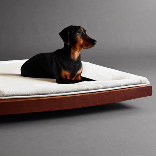 Prompt: wooden luxurious dog bed inspired by mies van der rohe