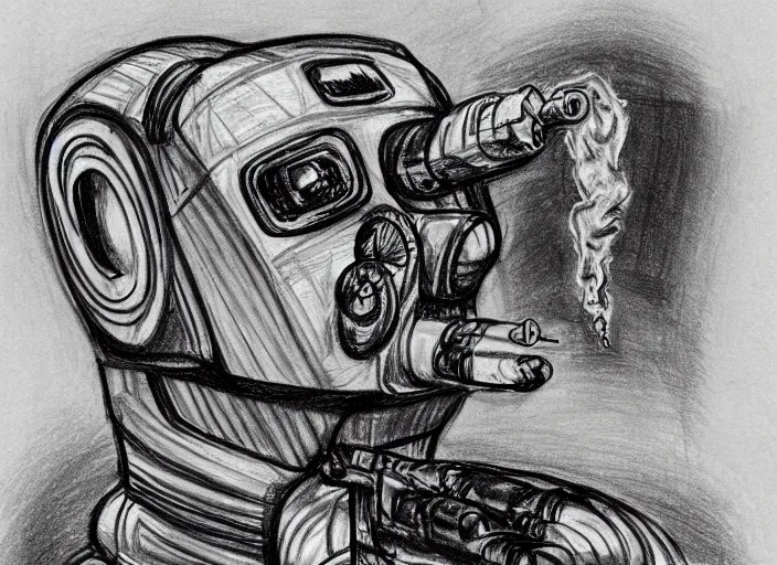 Image similar to drawing, scribble, sketch of a robot sci - fi war lord smoking cigar