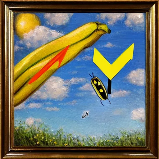 Image similar to oil painting impressionist stopwatch clock and banana arrow flying through the air, ( bugs flies buzzing around ), whimsical, detailed,