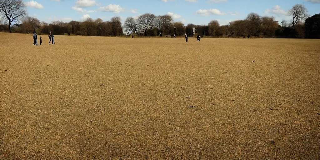 Prompt: Parched ground on Hampstead Heath. Cracked ground, London, dry grass, people walking, blue sky, photorealistic