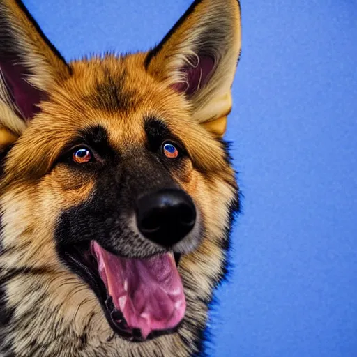 Prompt: 4 k high resolution, hdr photo of an animal hybrid of a german shepherd and a fox, with blue fur and blue eyes, award winning studio photography