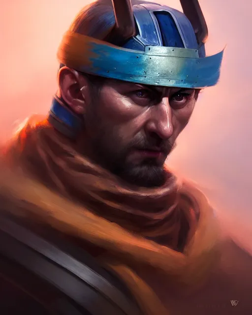 Image similar to face portrait of nikola jokic as a muscular ronin samurai, wearing a haori, by wlop and peter mohrbacher, dramatic action pose, extremely detailed shading, concept art, digital painting, trending on artstation, unreal engine 5, octane render, atmosphere, glow, cinematic lighting, full of color