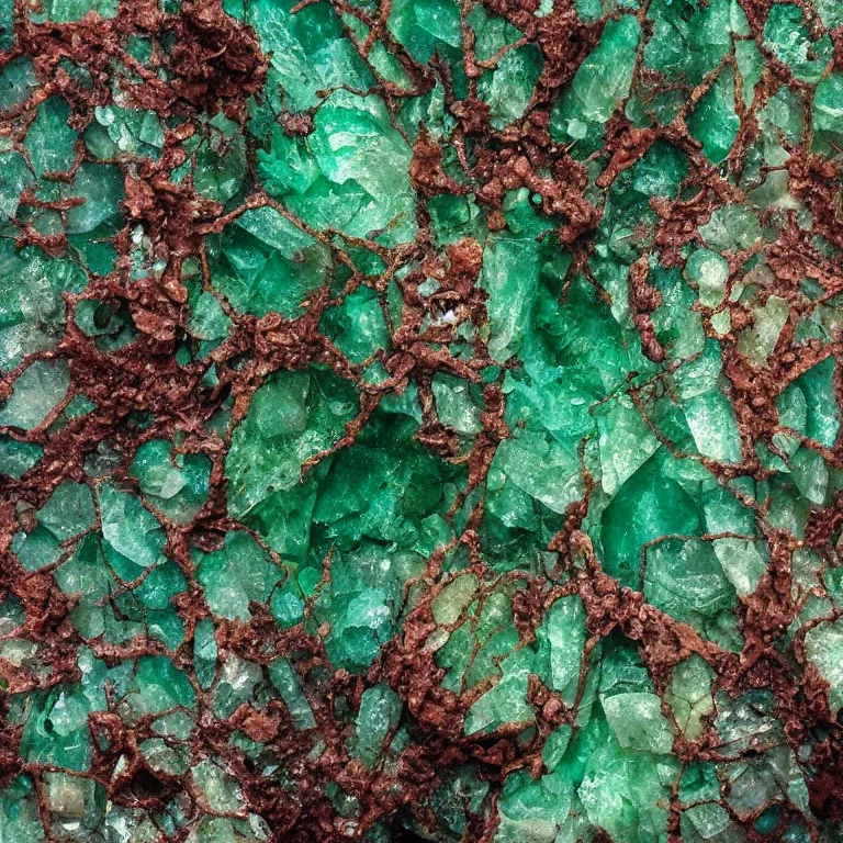 Prompt: big green emerald crystal gems embedded, worn decay texture, intricate concept art painting, fantasy, nature grotesque dark