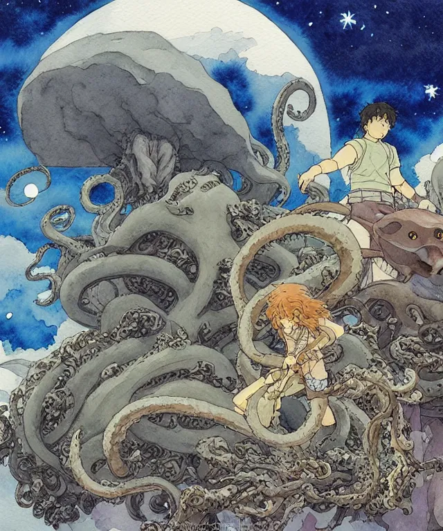 Image similar to a hyperrealist studio ghibli watercolor fantasy concept art. in the foreground is a giant grey octopus lifting an immense stone. the background is stonehenge with a starry sky. by rebecca guay, michael kaluta, charles vess