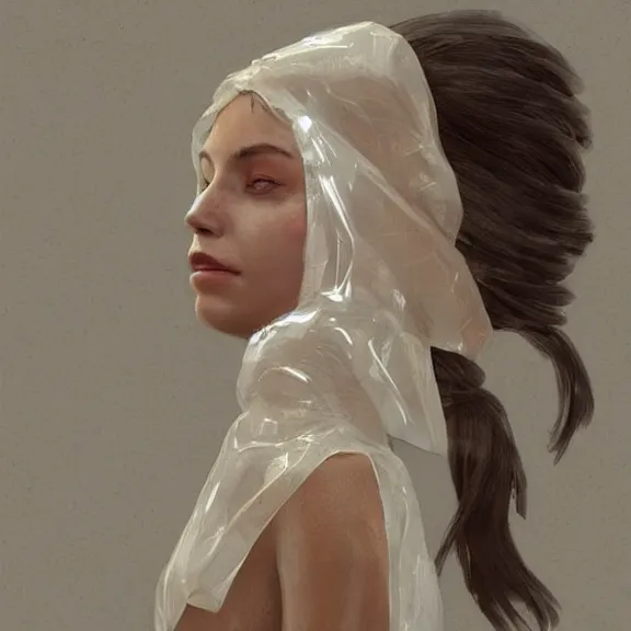 Image similar to woman in a translucent clothing made from plastic bag with paper bags for clothes standing inside paper bags with paper bag over the head, painted portrait, 4k, trending on artstation, octane render, art by artgerm and greg rutkowski and alphonse mucha and craig mullins and James Jean and Andrei Riabovitchev and Marc Simonetti and peter mohrbacher