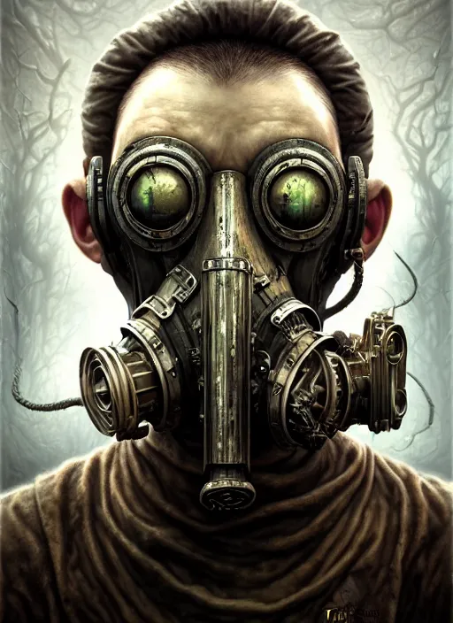 Image similar to portrait shot of zombie with gasmask in a scenic dystopian environment, intricate, elegant, highly detailed, centered, digital painting, artstation, concept art, smooth, sharp focus, illustration, artgerm, tomasz alen kopera, peter mohrbacher, donato giancola, joseph christian leyendecker, wlop, boris vallejo