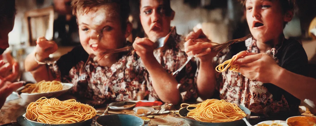 Image similar to celebrities eating spaghetti out of a giant bowl, high detailed face, facial expression, small details, intricate, canon 5 0 mm, cinematic lighting, photography, film, kodachrome