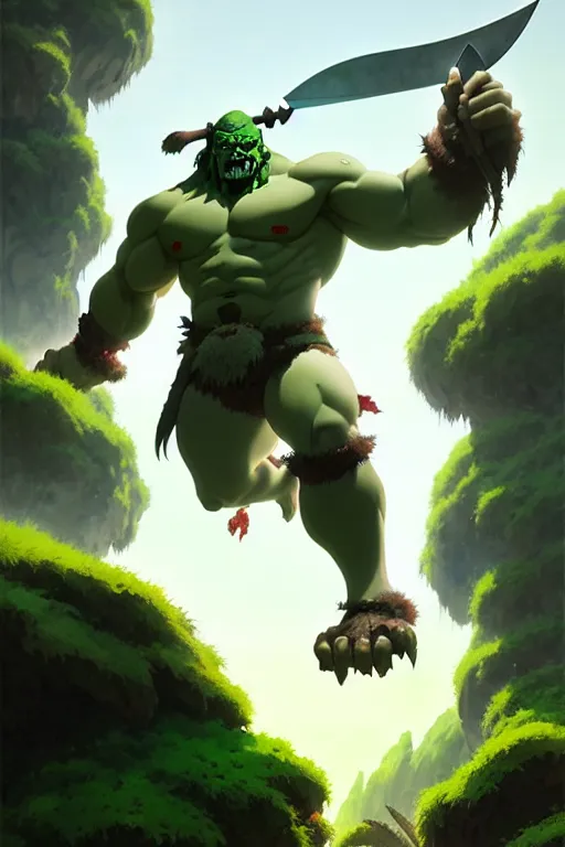 Image similar to orc barbarian male, green skin, exquisite details, big axe, earth magic, mid view, design on a white background, by studio muti, greg rutkowski makoto shinkai takashi takeuchi studio ghibli