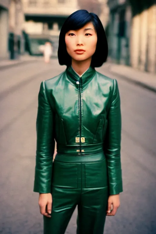 Prompt: ektachrome, 3 5 mm, highly detailed : incredibly realistic, youthful asian demure, perfect features, cute haircut, broad shoulders, beautiful three point perspective extreme closeup 3 / 4 portrait photo in style of chiaroscuro style 1 9 9 0 s frontiers in flight suit cosplay paris street photography vogue fashion edition