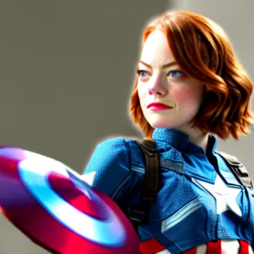 Prompt: Emma Stone as captain America with avengers