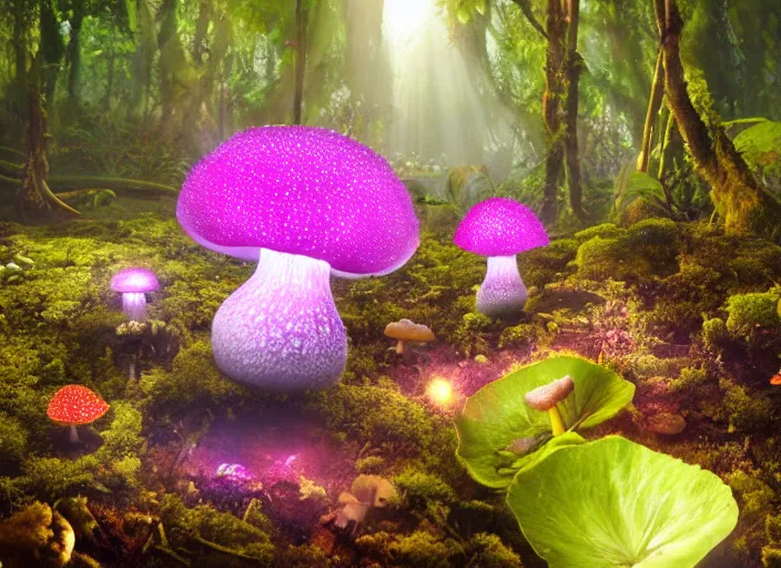 Image similar to glowing delicate flower and mushrooms that grow in fatansy forest on the planet Pandora,