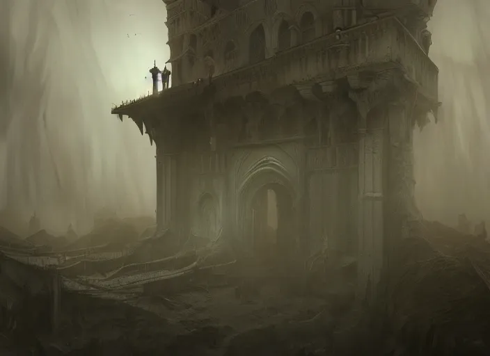 Prompt: a matte painting of the interior by the tower of bones, immaculate scale, volumetric lighting, detailed, concept art, digital art, trending on artstation, creepy, dark, dark atmosphere