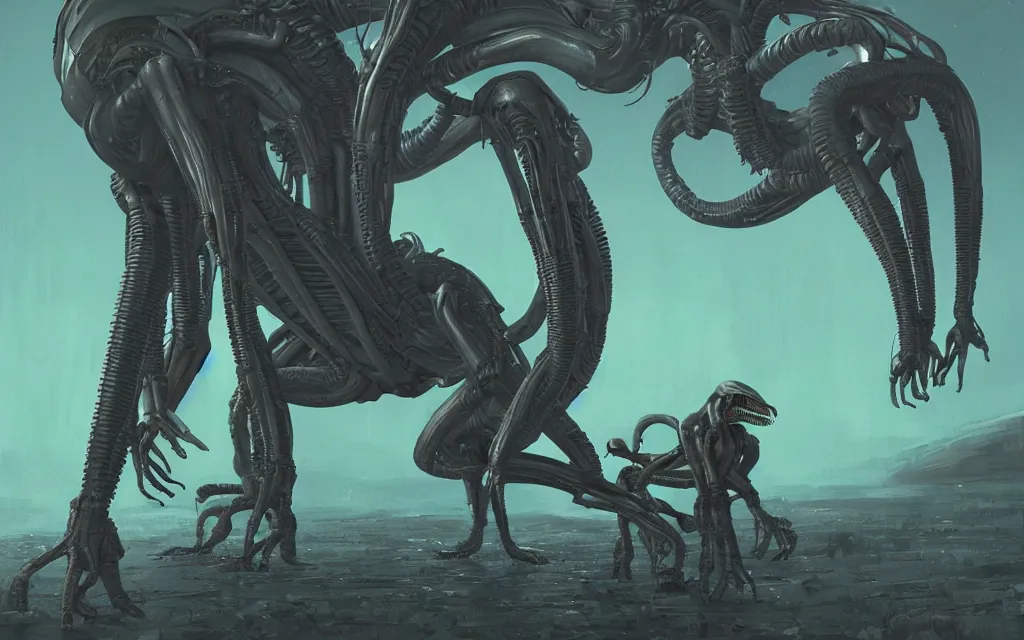 Prompt: A Xenomorph from the movie Alien. Digital art, Simon Stålenhag, melancholic.