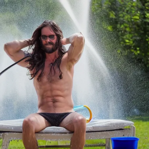 Prompt: a shirtless guy with long brown hair sitting on a lawn chair spraying a woman with a water hose 8 k