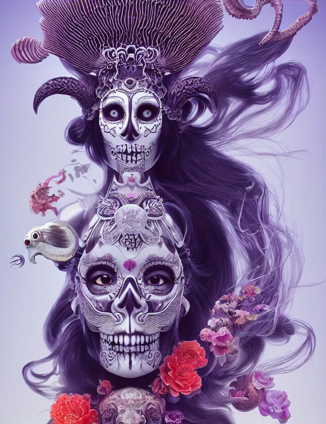 Image similar to 3 d goddess skull half - turn portrait with long hair with ram skull. beautiful intricately detailed japanese crow kitsune mask and clasical japanese kimono. betta fish, jellyfish phoenix, bio luminescent, plasma, ice, water, wind, creature, artwork by tooth wu and wlop and beeple and greg rutkowski