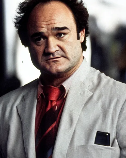 Prompt: close up portrait of James Belushi as Mario from Mario Bros, a photo still from a movie