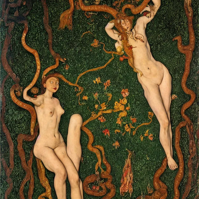 Image similar to a dryad venus, transforms herself into a snake. around her are tropical birds and orchids. painted by jan van eyck, egon schiele and max ernst, trending on artstation, 8 k, award winning