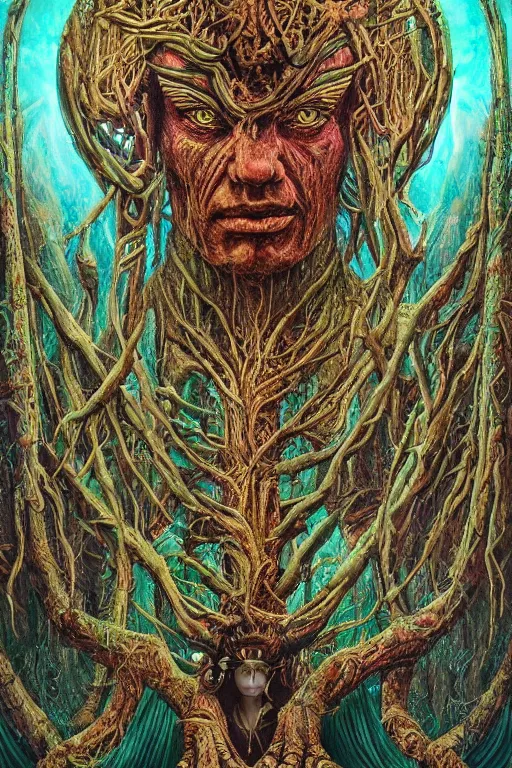 Prompt: 8k overdetailed maximalist ent darkfantasy art by oleksandra shchaslyva cinematic symmetric portrait of an ancient ent god emperor. Centered, uncut, unzoom charachter illustration. Ayahuasca visual manifestation. Surreal render, ultra realistic, zenith view. Inspired by giger feat peter gric and bekinski. Overpainted by salviadroid. Slightly Decorated with Sacred geometry and fractals. Extremely ornated. artstation, cgsociety, unreal engine, ray tracing, detailed illustration, hd, 4k, digital art, overdetailed art. Intricate omnious visionary darkscifi fantastic realism concept art. complementing colors. Trending on artstation, deviantart