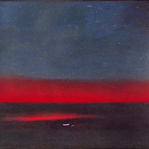 Image similar to the epic abstract painting'blue arctic void with black and red aurora borealis above a tiny inuit village ', by caspar david friedrich!!!, by rothko!!!, stunning masterpiece, trending on artstation