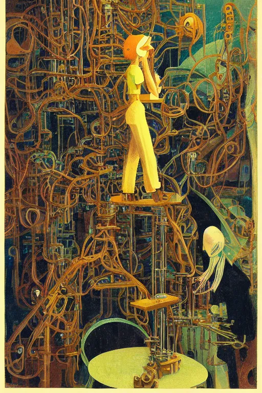 Prompt: realistic portrait of an engineer woman fixing the samsara cluster, fine portrait, concept art, stunning, in the style of brecht evens and jean delville