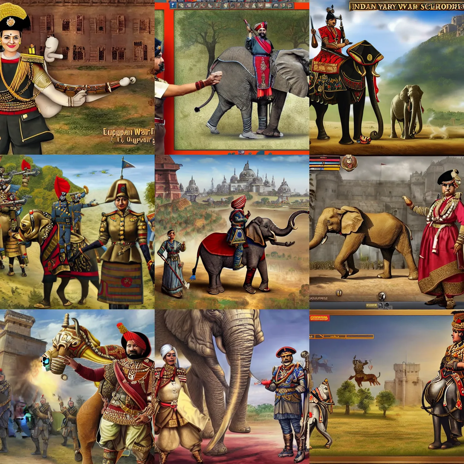 Prompt: Indian army general with her war elephant, loading screen artwork for the game 'Europa Universalis IV'