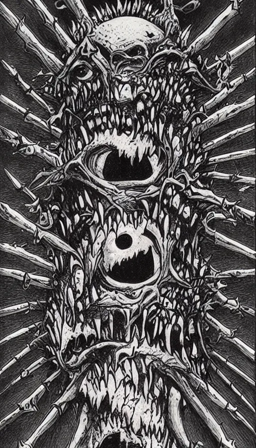 Image similar to a storm vortex made of many demonic eyes and teeth, by ed roth