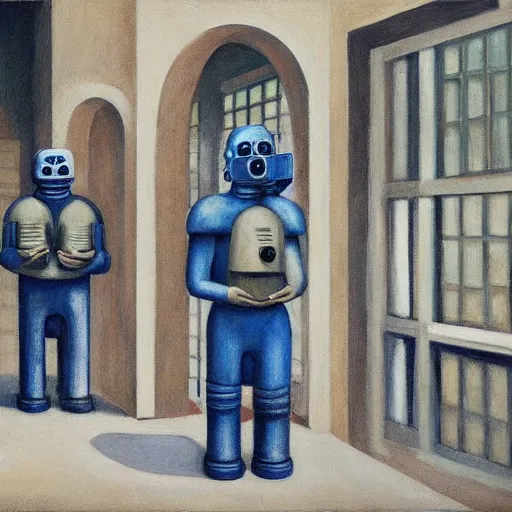 Image similar to drab workers wearing gas masks walking along cloisters, brutalist courtyard, watched by robots, dystopian, pj crook, edward hopper, oil on canvas