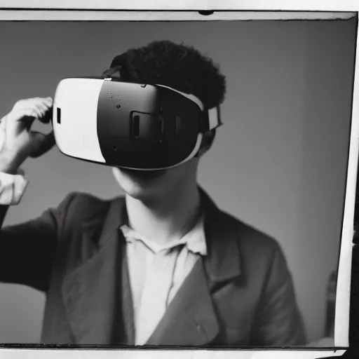 Prompt: vintage photo of a man from the 1800s using a vr headset, 35mm film