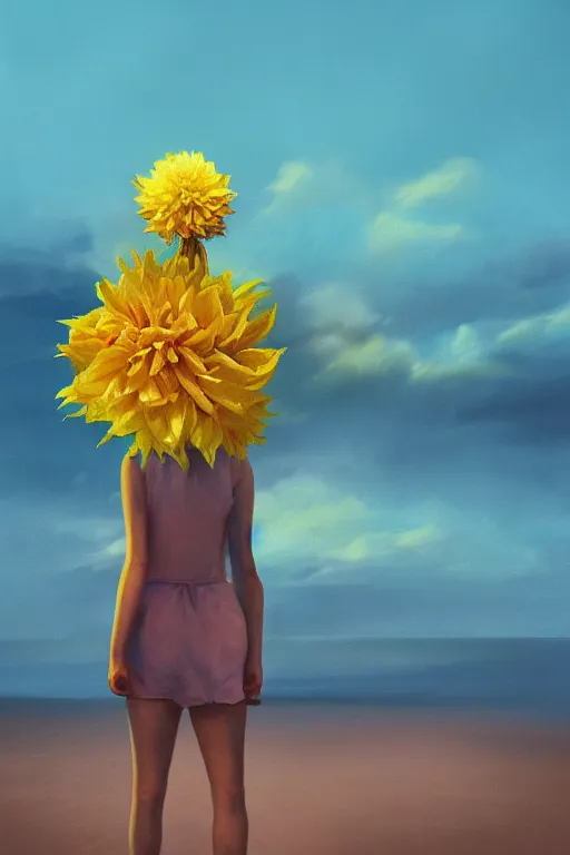 Image similar to closeup girl with huge yellow dahlia flower head, on beach, surreal photography, blue sky, sunrise, dramatic light, impressionist painting, digital painting, artstation, simon stalenhag