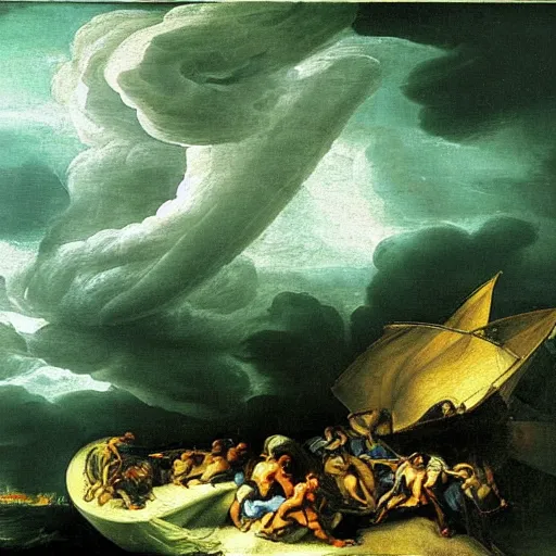 Image similar to michaelangelo painting of a tornado in the sea