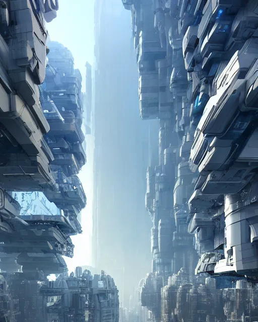 Image similar to Scifi construction robot, bulky armor, utopian city, white buildings, by Leon Tukker, Makoto Kobayashi, synthetic light, blue trees, people on the streets, utopia, perfect, futuristic, 8k high detail, masterpiece, trending on ArtStation