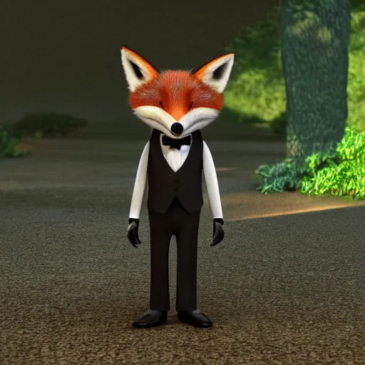 Image similar to handsome fox male wearing a black tuxedo, Pixar animated still, high quality HDR octane render