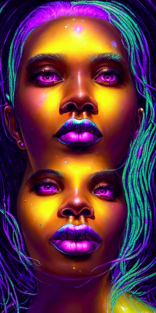 Prompt: hyperrealistic close-up of beautiful black woman with white hair and iridescent gold skin hannah yata dramatic neon lighting