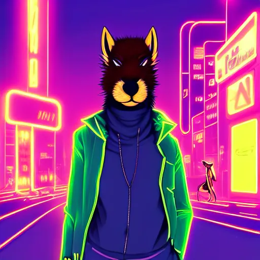 Image similar to beautiful furry digital art portrait commission of an androgynous furry anthro capybara fursona wearing punk clothes in the streets of a cyberpunk city. neon signs. character design by charlie bowater, ross tran, artgerm, and makoto shinkai