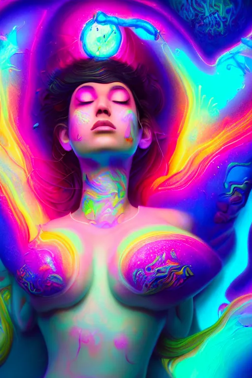 Prompt: a beautiful girl engulfed in colorful liquid smoke and neon clouds, a colorful psychedelic experience, psilocybin, dmt, lsd, face, highly detailed, artstation, concept art, sharp focus, by hana yata, and artem demura and beeple, lisa frank, shannon maer, octane render, unreal engine, 8 k