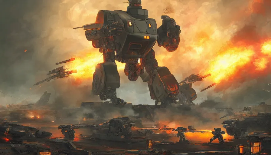 Prompt: Digital painting of troops shooting at a giant Japanese robot during a battle, huge explosions and ashes, smoke columns, hyperdetailed, artstation, cgsociety, 8k