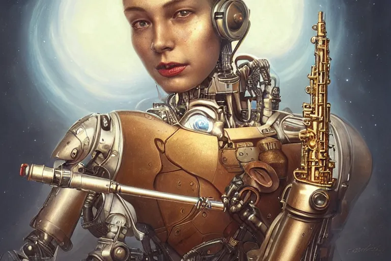 Image similar to a beautiful ultradetailed vintage photo of cyborg playing an oboe, by tom bagshaw and anna dittman, portrait, vignette, 2 4 mm lens, golden ratio composition, detailed face, studio photography, very detailed, cybernetic scifi, artstation, 8 k, highly coherent