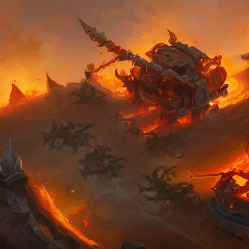 Image similar to a fiery siege chariots, catapult, yellow battlefield theme, bright art masterpiece artstation. 8 k, sharp high quality artwork in style of jose daniel cabrera pena and greg rutkowski, concept art by tooth wu, blizzard warcraft artwork, hearthstone card game artwork, cart wheels