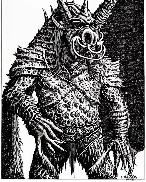 Image similar to alf as a d & d monster, pen - and - ink illustration, etching, by russ nicholson, david a trampier, larry elmore, 1 9 8 1, hq scan, intricate details, high contrast, no background