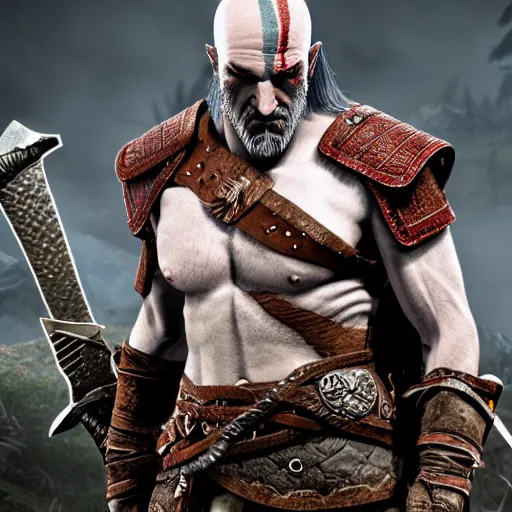 Prompt: geralt of rivia as kratos in god of war: ragnarok